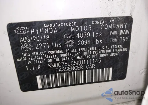 2019 Hyundai Ioniq Hybrid Sel z USA, uszkodzony, nr VIN KMHC75LC5KU111145